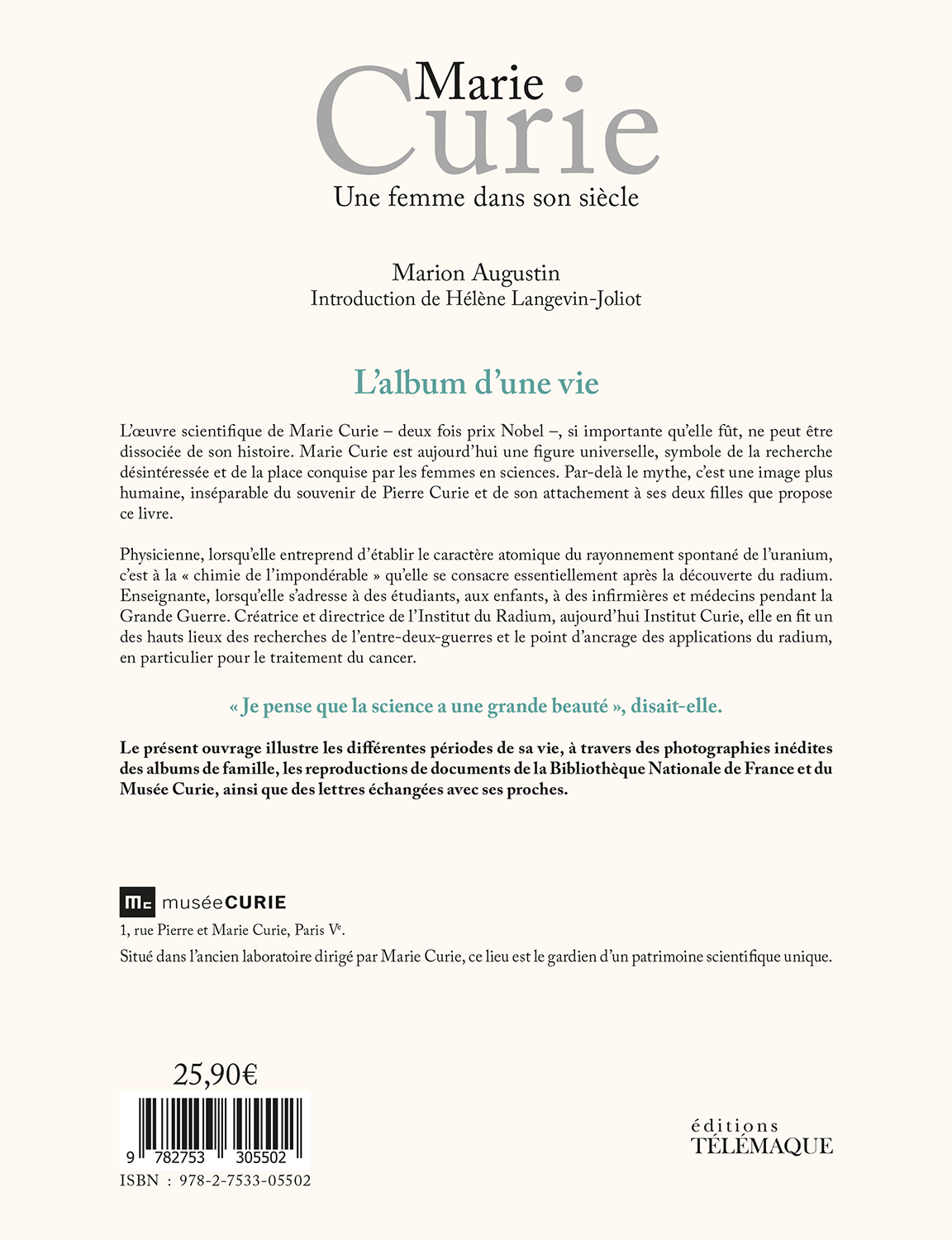 Quatrième de couverture de Marie Curie, une femme de son siècle